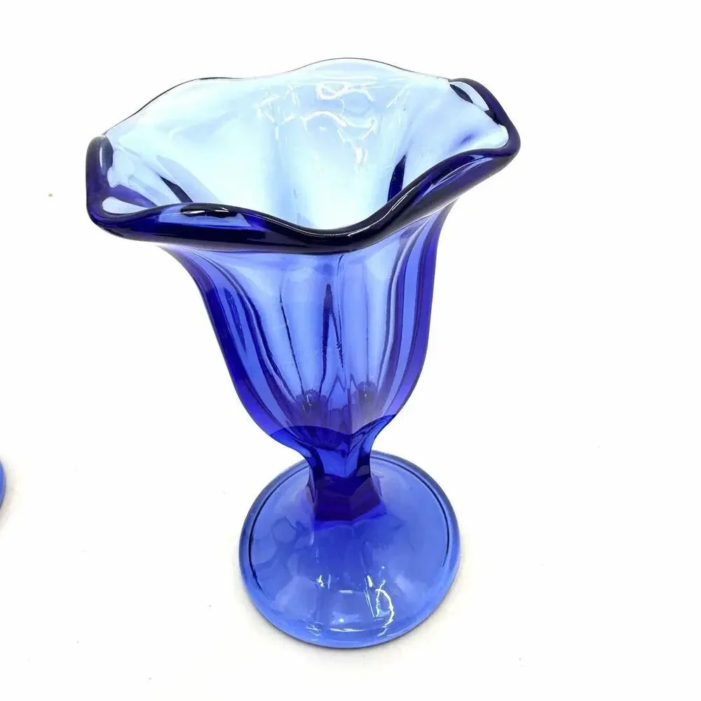 Vintage 70s Set of 3 Cobalt Blue Retro Dessert Ice Cream Sundae Glasses